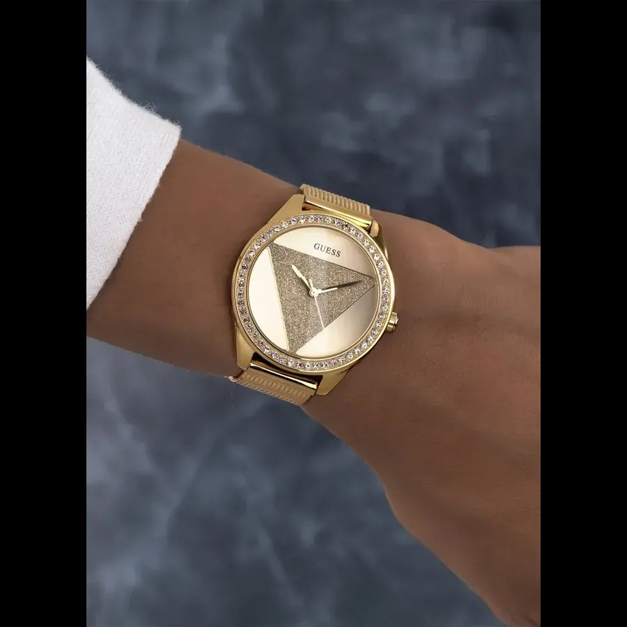  Shop Authentic Guess Tri Glitz Quartz Diamonds Gold Dial Gold Mesh Bracelet Watch For Women - W1142L2 - Luxxuri