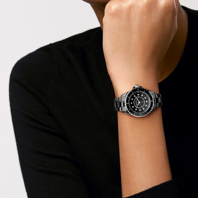  Shop Authentic Chanel J12 Quartz Diamonds Black Dial Black Steel Strap Watch for Women - J12 H5701 - Luxxuri