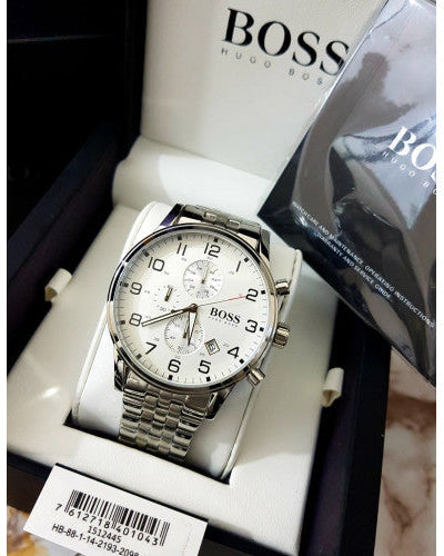 Hugo Boss Aeroliner Chronograph White Dial Silver Steel Strap Watch For Men - 1512445