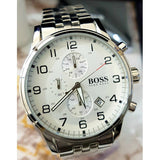  Shop Authentic Hugo Boss Aeroliner Chronograph Quartz White Dial Silver Steel Strap Watch For Men - HB1512445 - Luxxuri