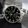  Shop Authentic Hugo Boss Aeroliner Chronograph Quartz Black Dial Silver Steel Strap Watch For Men - HB1512446 - Luxxuri