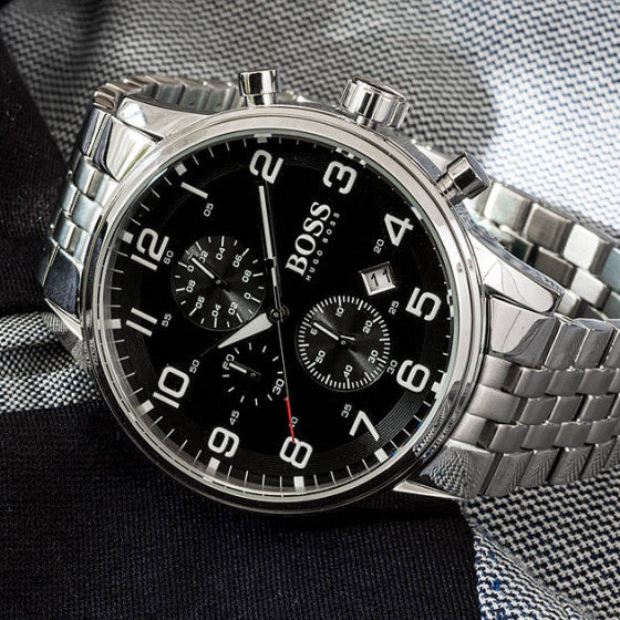  Shop Authentic Hugo Boss Aeroliner Chronograph Quartz Black Dial Silver Steel Strap Watch For Men - HB1512446 - Luxxuri