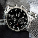  Shop Authentic Hugo Boss Aeroliner Chronograph Quartz Black Dial Silver Steel Strap Watch For Men - HB1512446 - Luxxuri