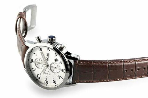 Hugo Boss Aeroliner Chronoraph White Dial Brown Leather Strap Watch For Men - HB1512447