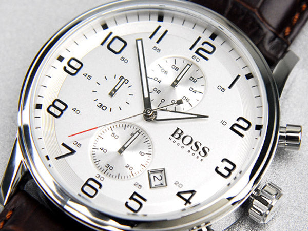 Hugo Boss Aeroliner Chronoraph White Dial Brown Leather Strap Watch For Men - HB1512447