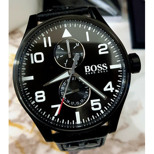 Shop Authentic Hugo Boss Aeroliner Black Dial Black Leather Strap Watch For Men - 1513083 - Luxxuri