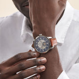  Shop Authentic Fossil Townsman Automatic Skeleton Blue Dial Brown Leather Strap Watch for Men - ME3154 - Luxxuri
