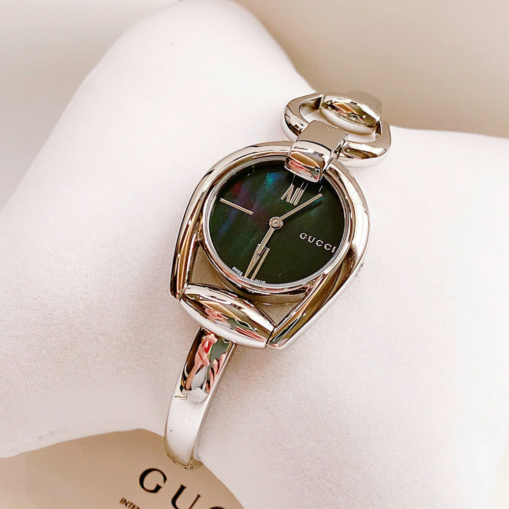  Shop Authentic Gucci Horsebit Collection Mother of Pearl Black Dial Silver Steel Strap Watch For Women - YA139503 - Luxxuri