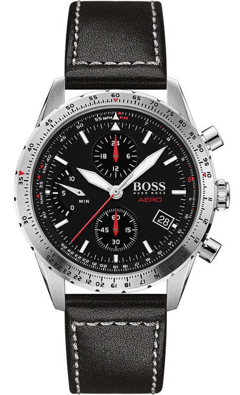  Shop Authentic Hugo Boss Aero Chronograph Black Dial Black Leather Strap Watch for Men - 1513770 - Luxxuri