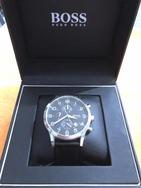 Shop Authentic Hugo Boss Aeroliner Chronograph Black Dial Black Leather Strap Watch For Men - 1512448 - Luxxuri