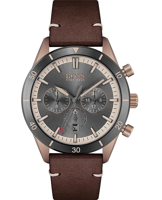  Shop Authentic Hugo Boss Santiago Grey Dial Brown Leather Strap Watch for Men - 1513861 - Luxxuri