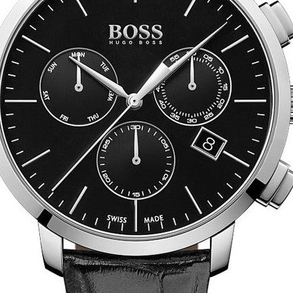  Shop Authentic Hugo Boss Chronograph Black Dial Black Leather Strap Watch For Men - 1513266 - Luxxuri