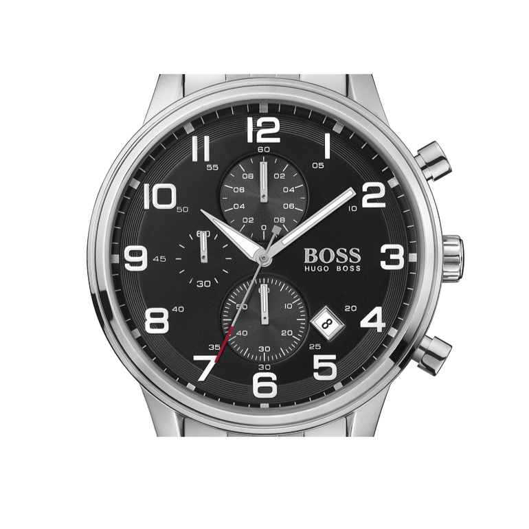  Shop Authentic Hugo Boss Aeroliner Chronograph Quartz Black Dial Silver Steel Strap Watch For Men - HB1512446 - Luxxuri