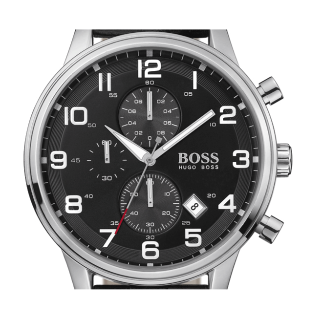  Shop Authentic Hugo Boss Aeroliner Chronograph Black Dial Black Leather Strap Watch For Men - 1512448 - Luxxuri