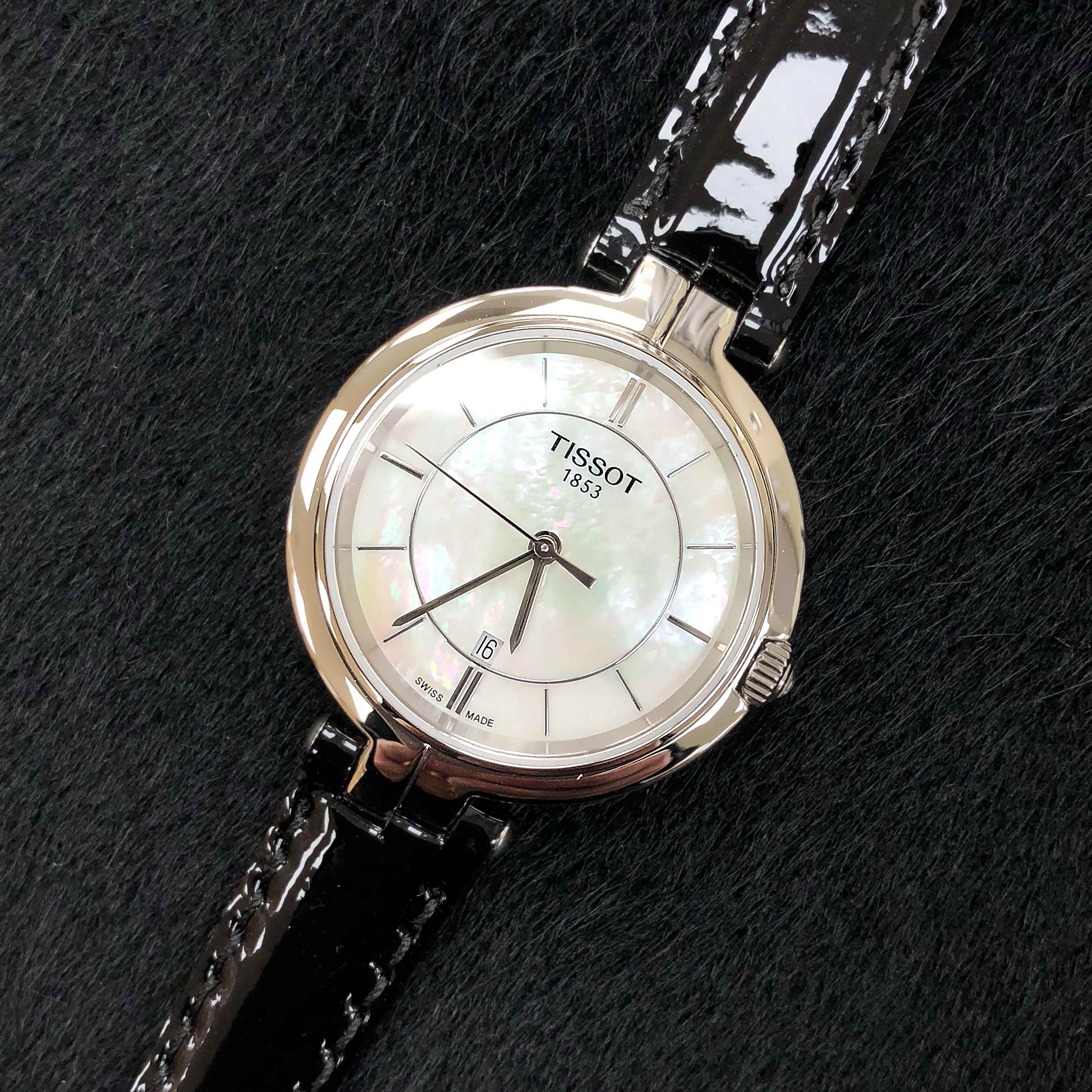 Tissot T Lady Flamingo Mother of Pearl White Dial Black Leather Strap Watch for Women - T094.210.16.111.00