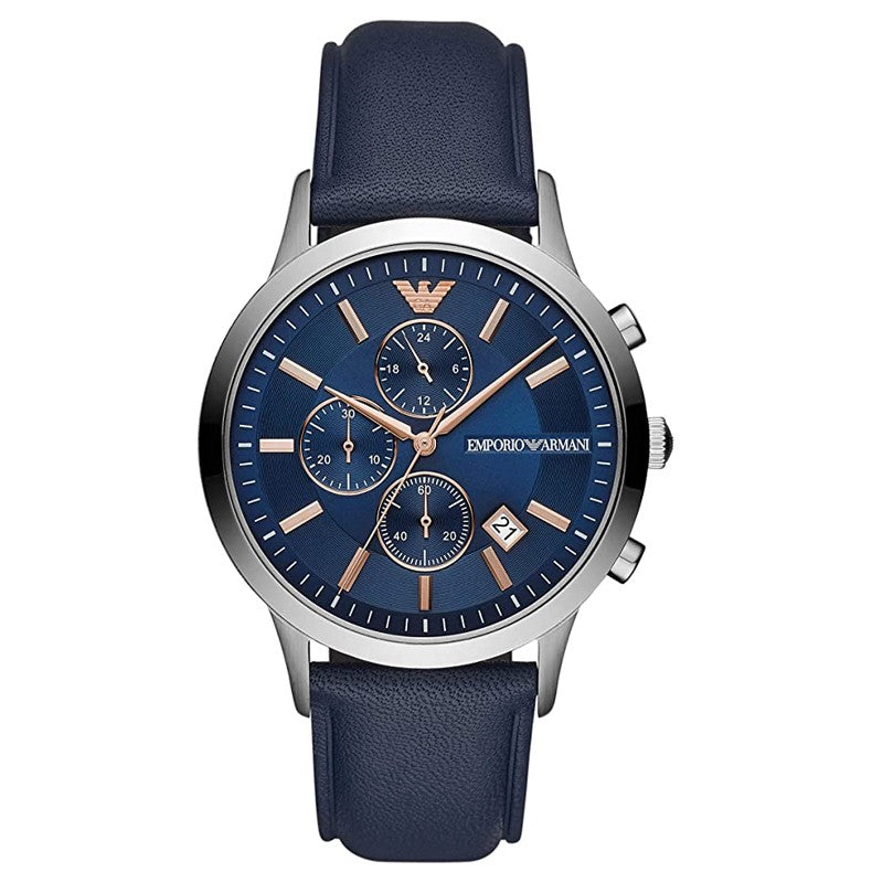  Shop Authentic Emporio Armani Renato Chronograph Blue Dial Black Leather Strap Watch For Men - AR11216 - Luxxuri