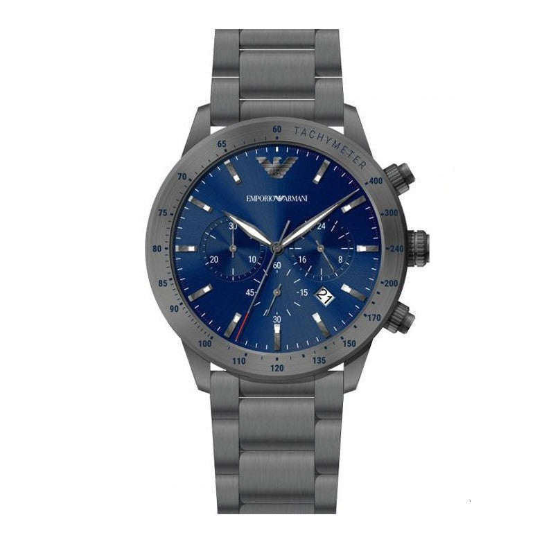  Shop Authentic Emporio Armani Mario Chronograph Blue Dial Grey Steel Strap Watch For Men - AR80045 - Luxxuri