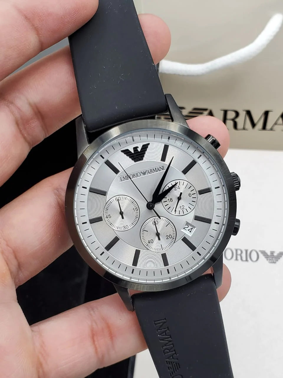  Shop Authentic Emporio Armani Chronograph Quartz Silver Dial Black Rubber Strap Watch For Men - AR11048 - Luxxuri
