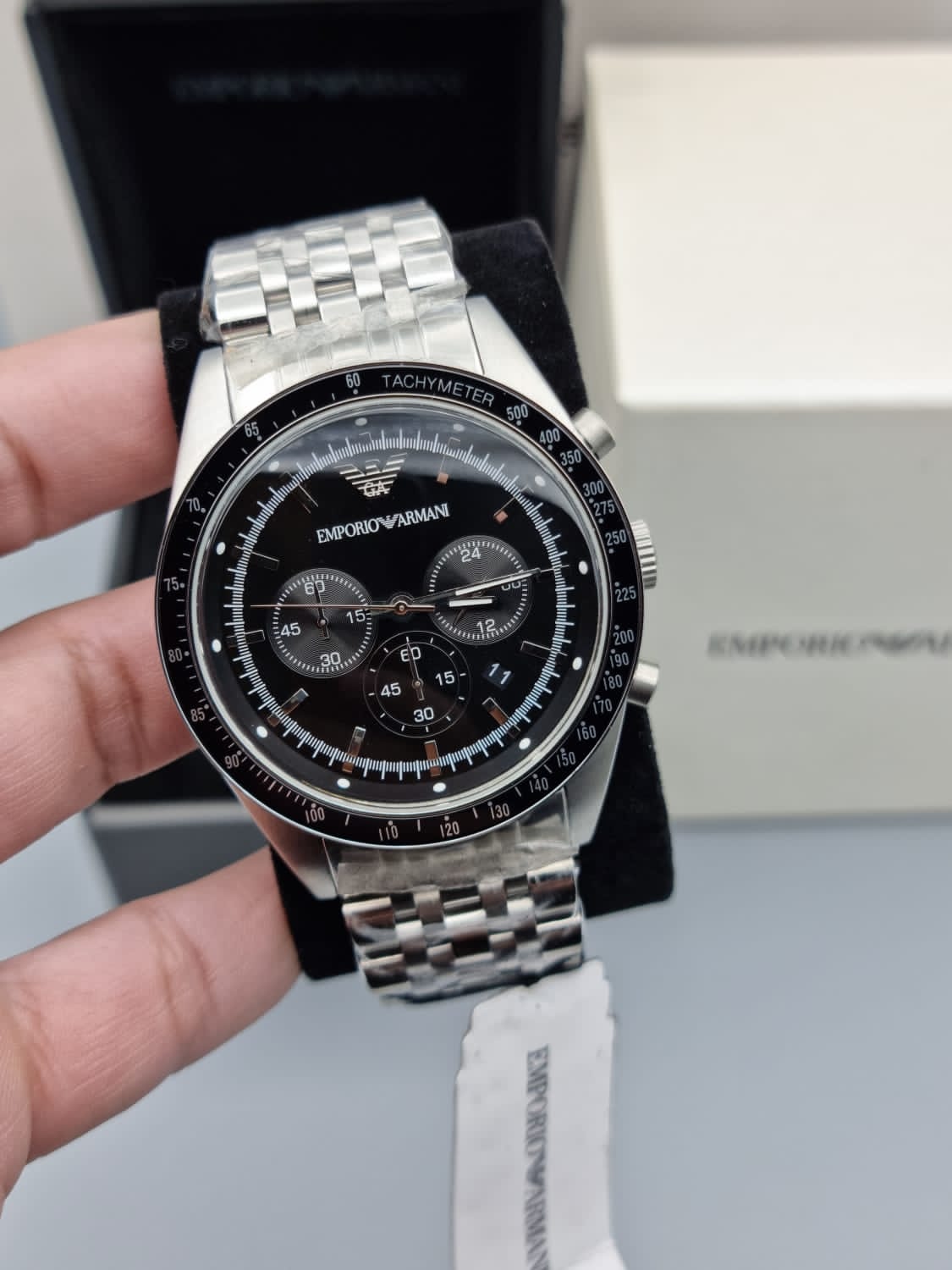  Shop Authentic Emporio Armani Tazio Chronograph Black Dial Silver Steel Strap Watch For Men - AR5988 - Luxxuri