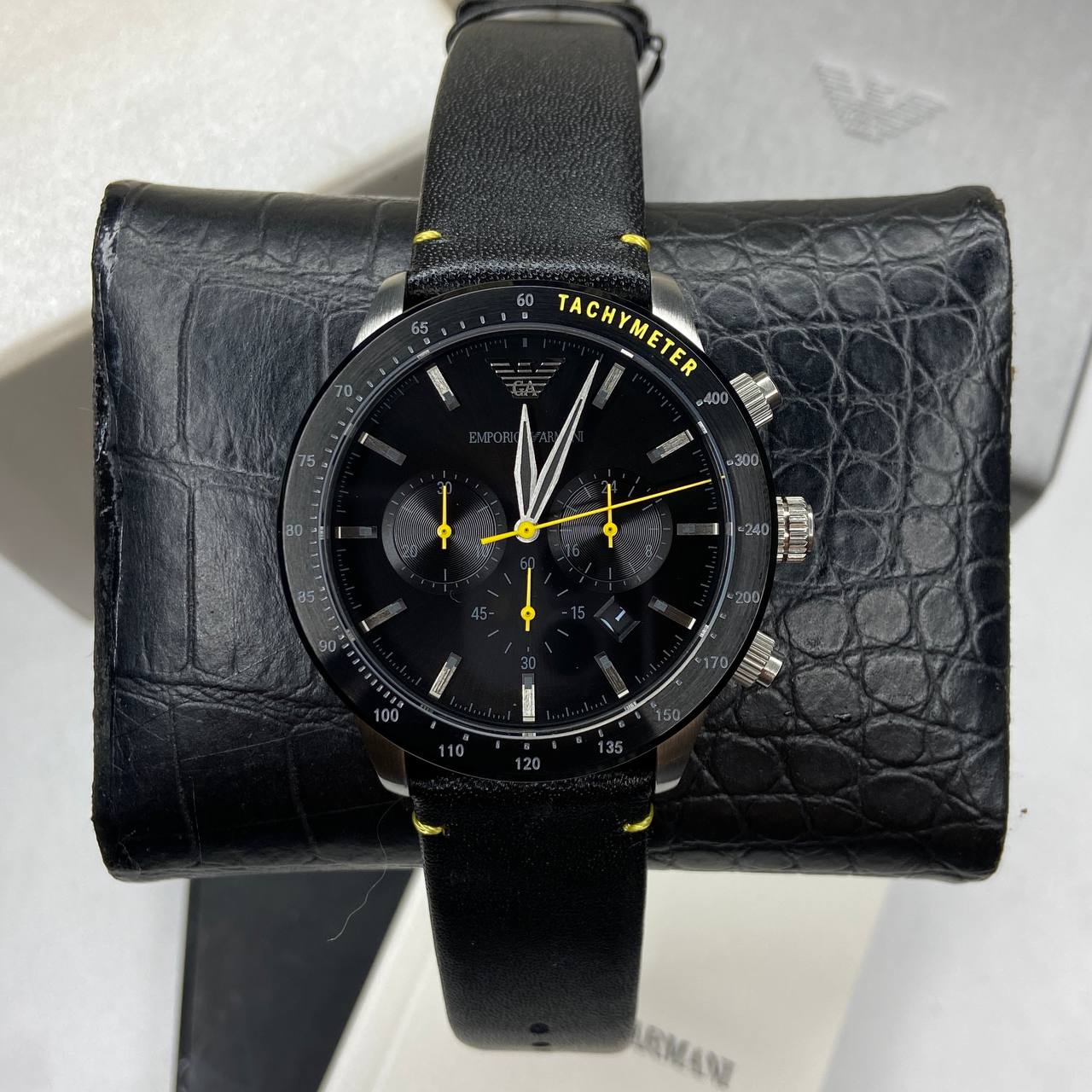  Shop Authentic Emporio Armani Mario Chronograph Black Dial Black Leather Strap Watch For Men - AR11325 - Luxxuri