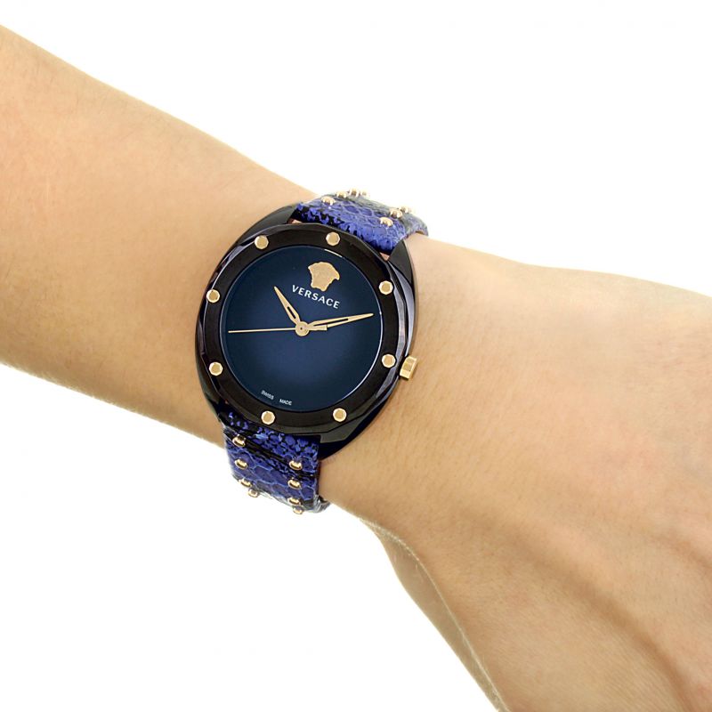  Shop Authentic Versace Shadov Quartz Black Dial Blue Leather Strap Watch for Men - VEBM00418 - Luxxuri