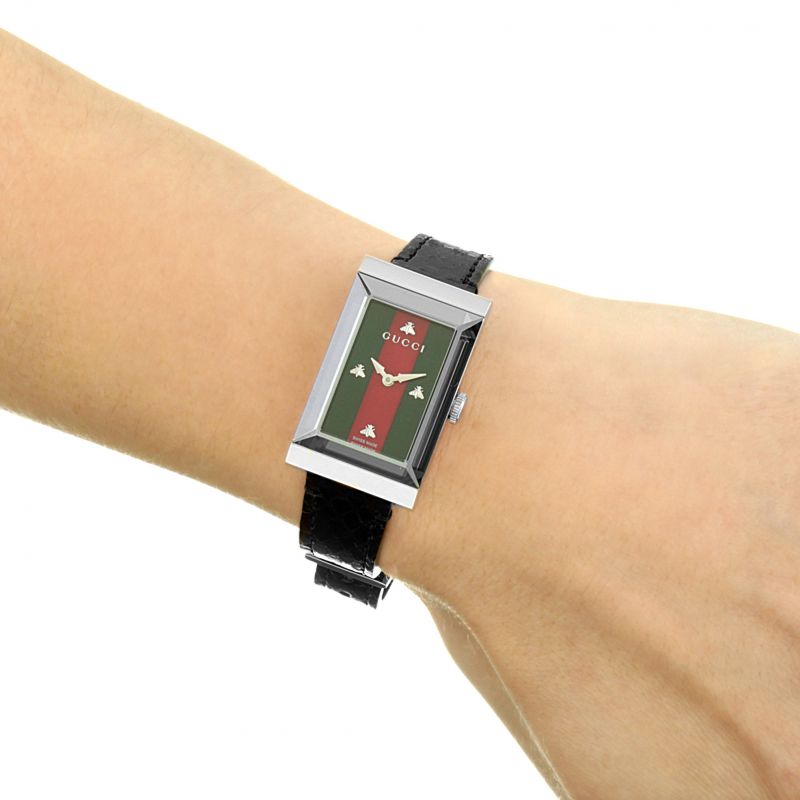  Shop Authentic Gucci G-Frame Mother of Pearl Green & Red Dial Black Leather Strap Watch For Women - YA147403 - Luxxuri