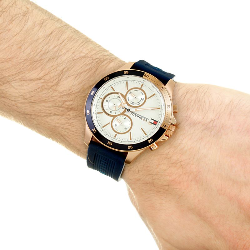  Shop Authentic Tommy Hilfiger Bank Multifunction Quartz White Dial Blue Rubber Strap Watch for Men - 1791778 - Luxxuri