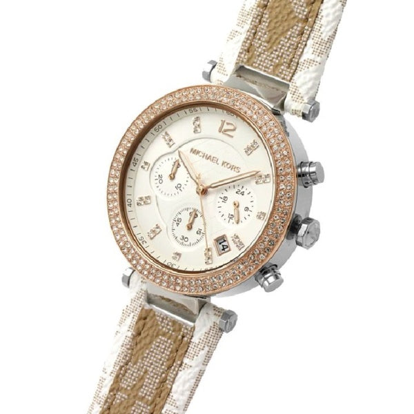  Shop Authentic Michael Kors Parker Chronograph White Dial Two Tone Leather Strap Watch For Women - MK6950 - Luxxuri