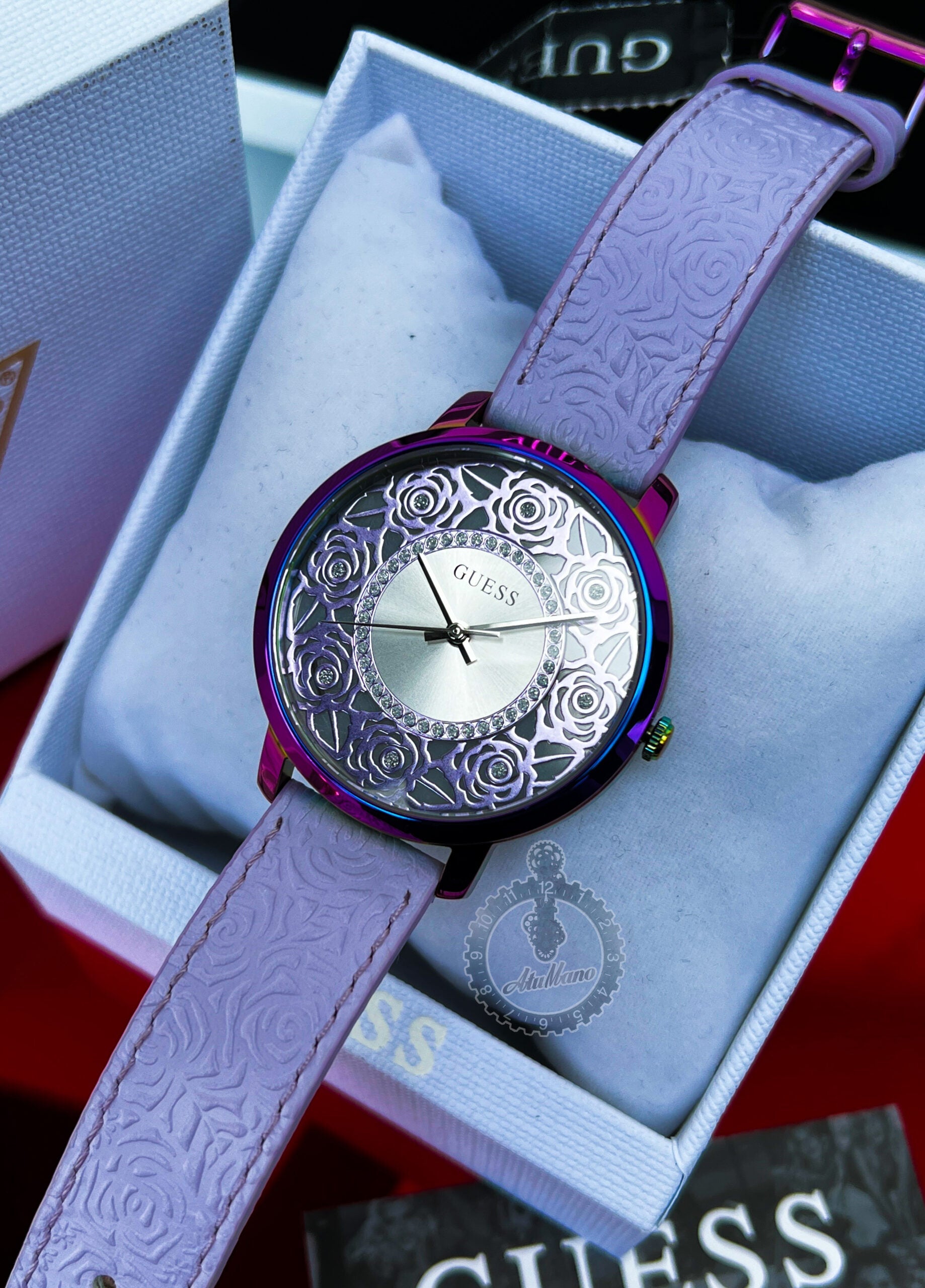  Shop Authentic Guess Dahlia Analog Silver Dial Purple Leather Strap Watch For Women - GW0529L4 - Luxxuri