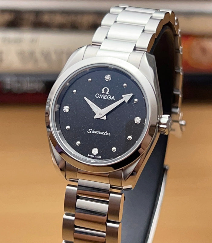  Shop Authentic Omega Seamaster Aqua Terra Quartz Diamond Black Dial Silver Steel Strap Watch for Women - 220.10.28.60.51.001 - Luxxuri