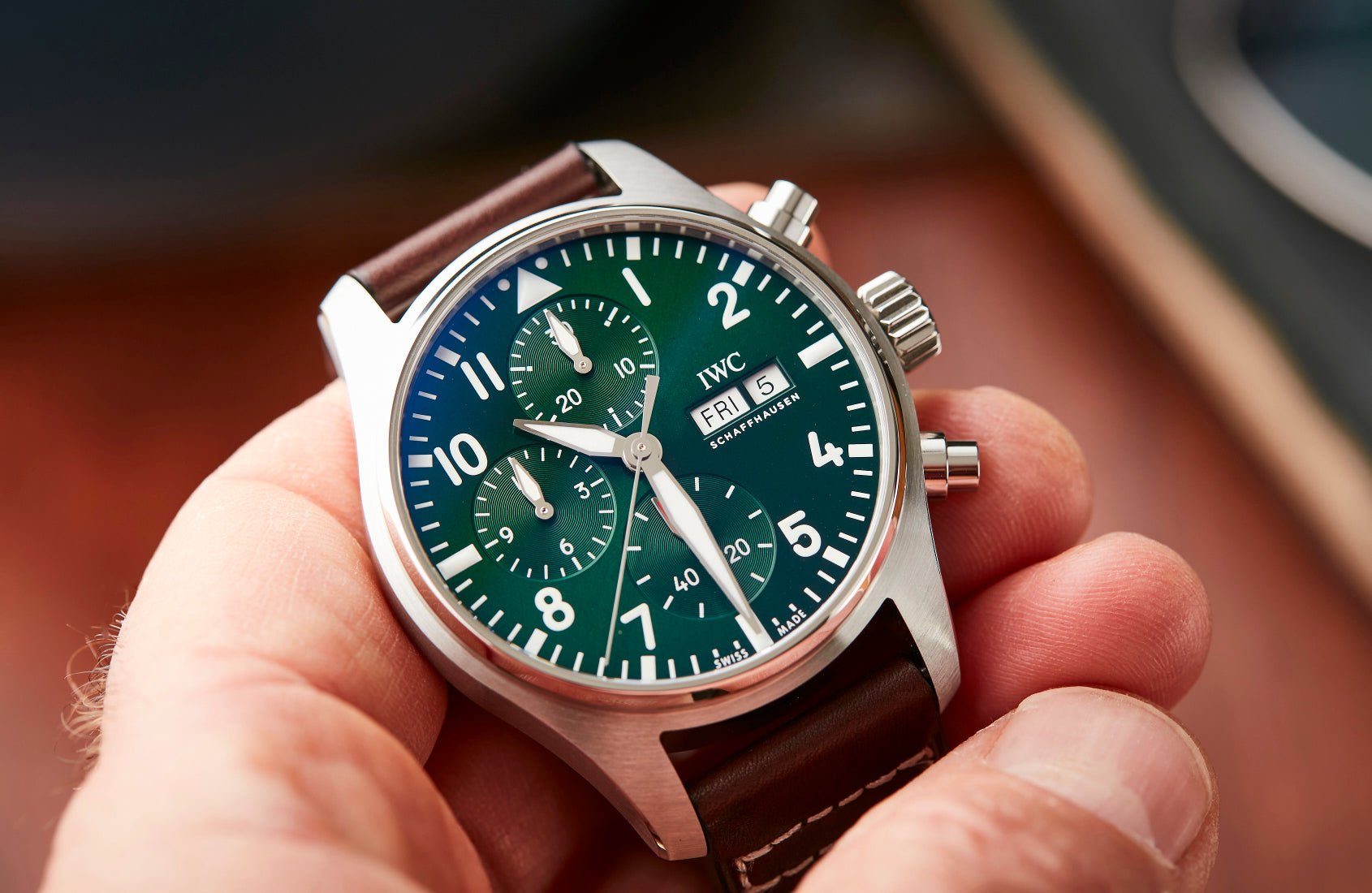  Shop Authentic IWC Pilot's Watch Chronograph Edition Racing Green 43mm Green Dial Brown Leather Strap Watch for Men - IW377726 - Luxxuri