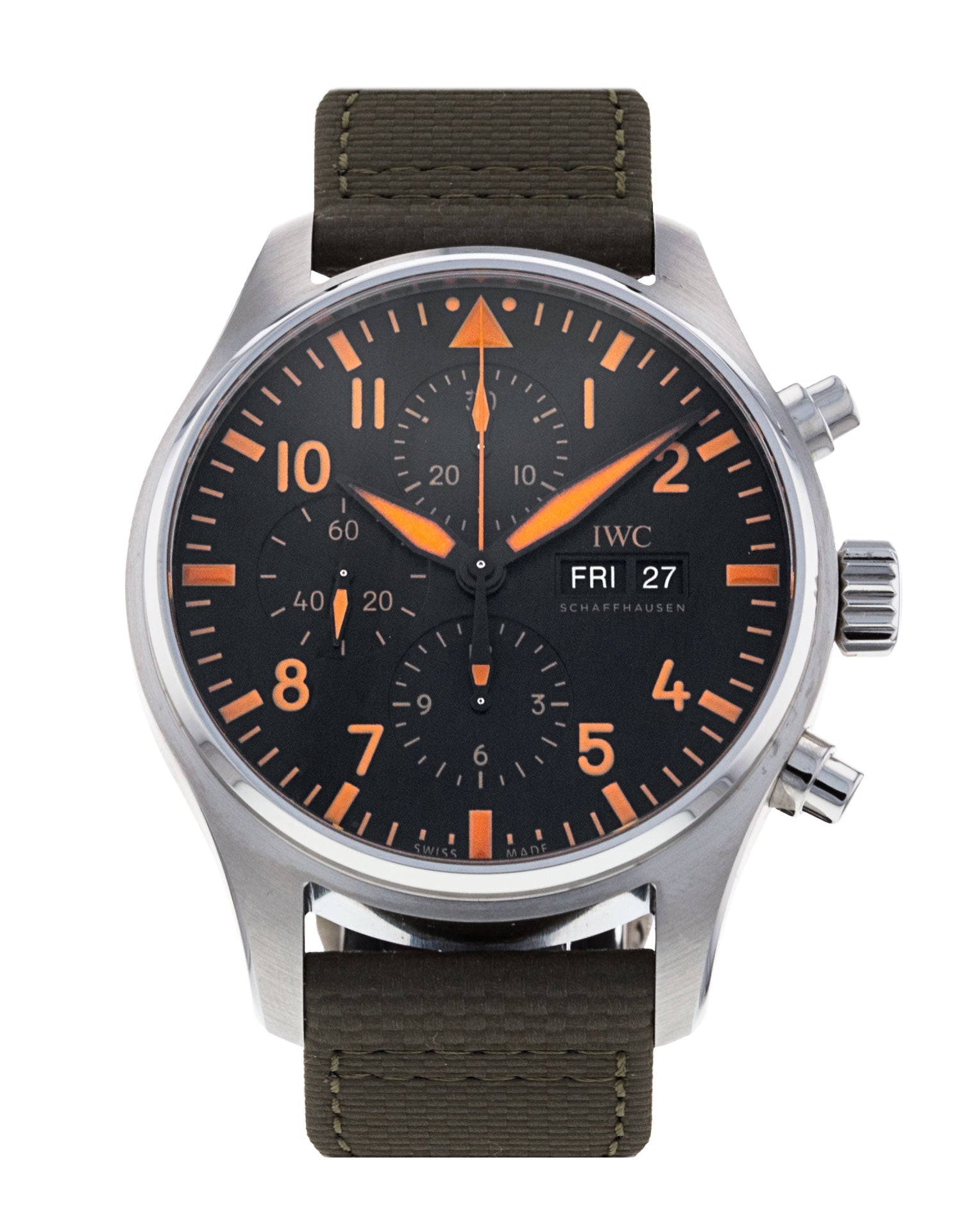 Shop Authentic IWC Pilot's Watch Chronograph Black Dial Olive Green Calfskin Strap Watch for Men - IW377730 - Luxxuri