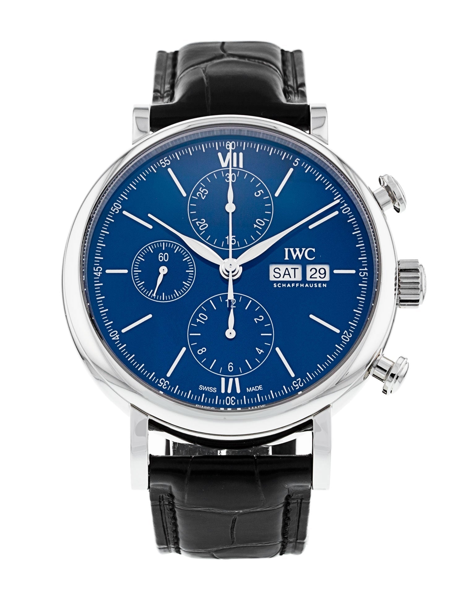  Shop Authentic IWC Portofino Chronograph Blue Dial Black Leather Strap Watch for Men - IW391023 - Luxxuri