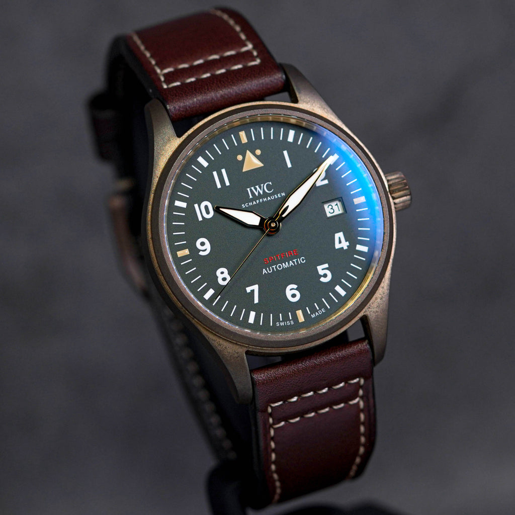  Shop Authentic IWC Pilot's Watch Automatic Spitfire Green Dial Brown Leather Strap Watch for Men - IW326802 - Luxxuri