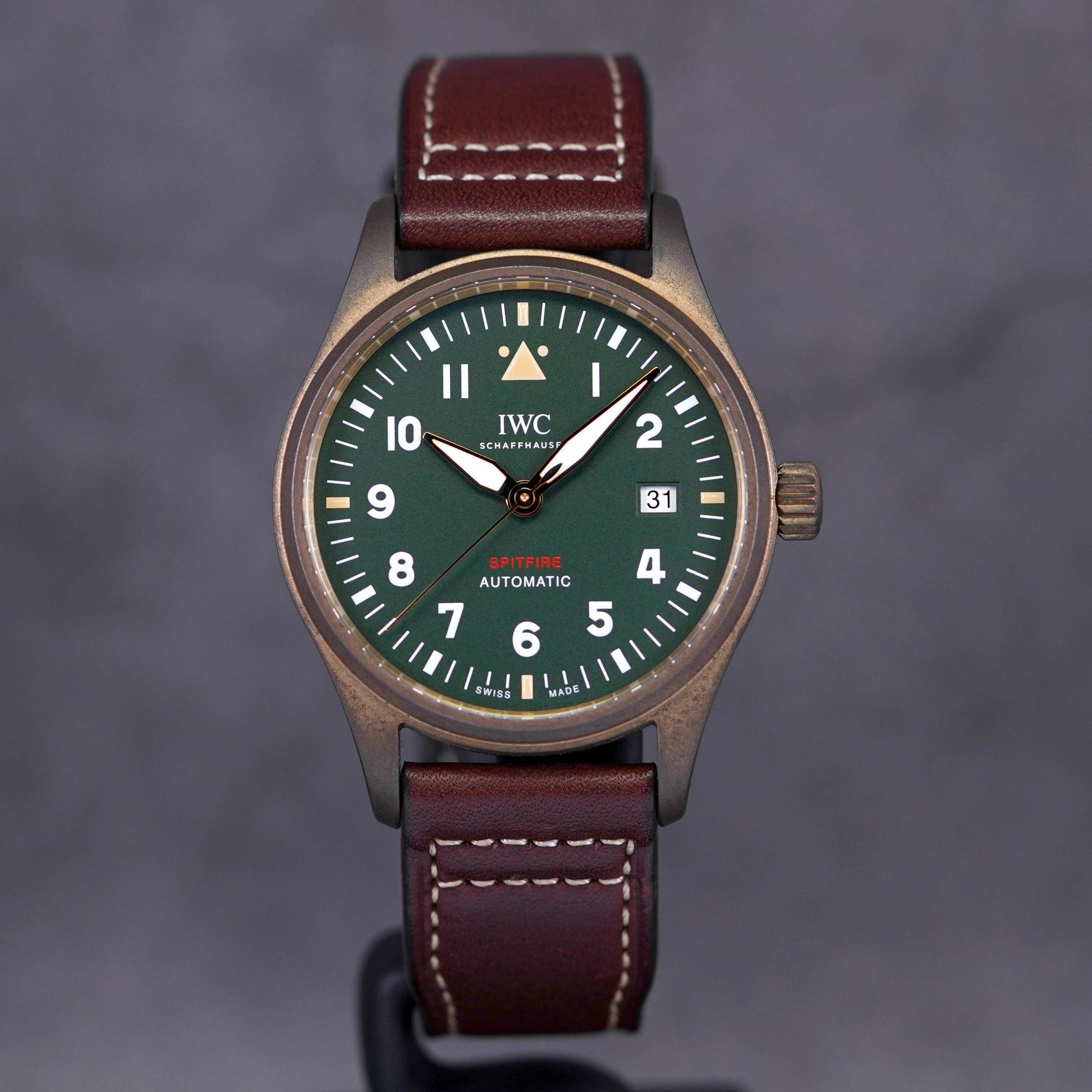  Shop Authentic IWC Pilot's Watch Automatic Spitfire Green Dial Brown Leather Strap Watch for Men - IW326802 - Luxxuri