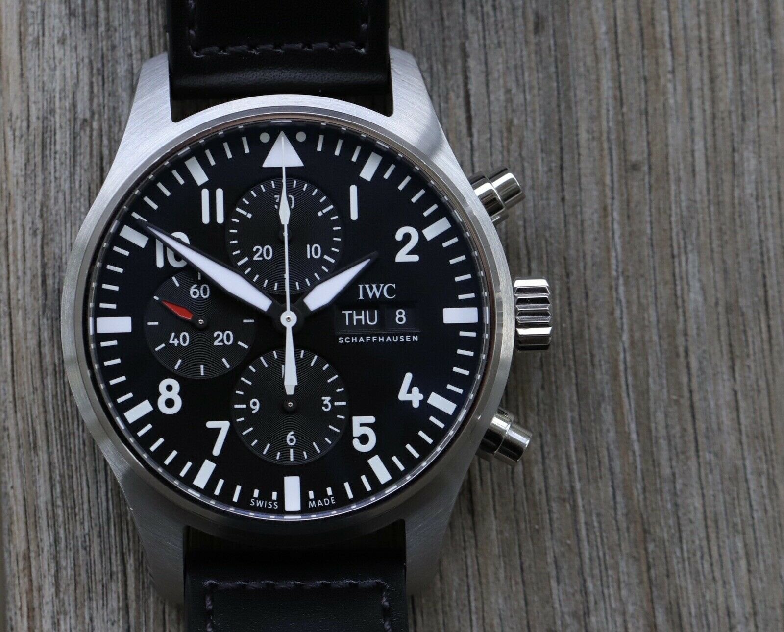  Shop Authentic IWC Pilot's Watch Chronograph Black Dial Black Leather Strap Watch for Men - IW377709 - Luxxuri