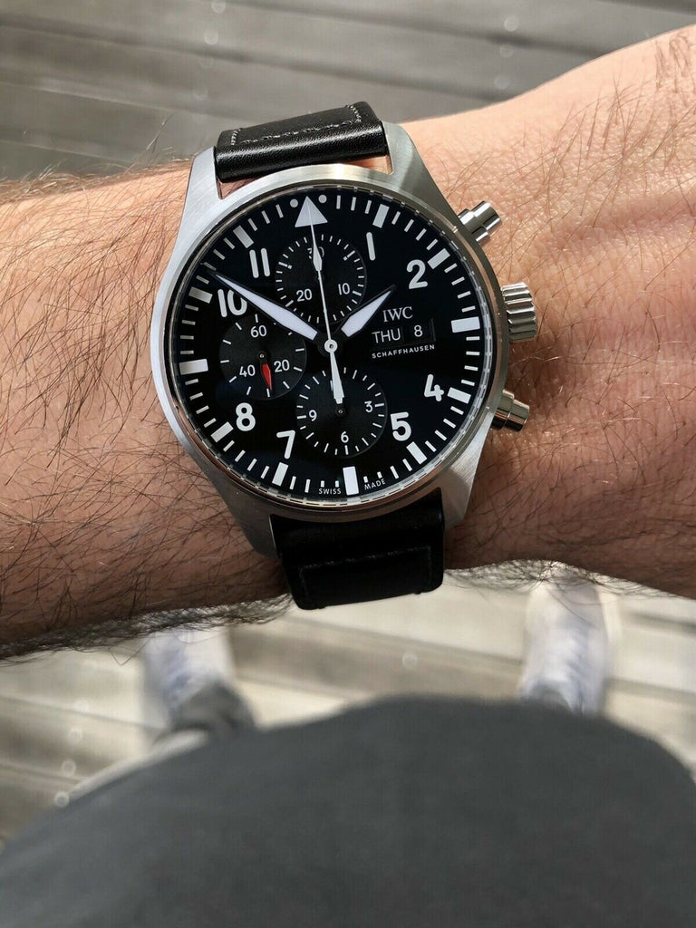  Shop Authentic IWC Pilot's Watch Chronograph Black Dial Black Leather Strap Watch for Men - IW377709 - Luxxuri