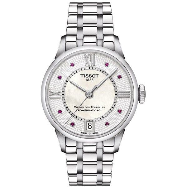 Tissot Chemin Des Tourelles Powermatic 80 Rubies Mother of Pearl Dial Silver Steel Strap Watch For Women - T099.207.11.113.00