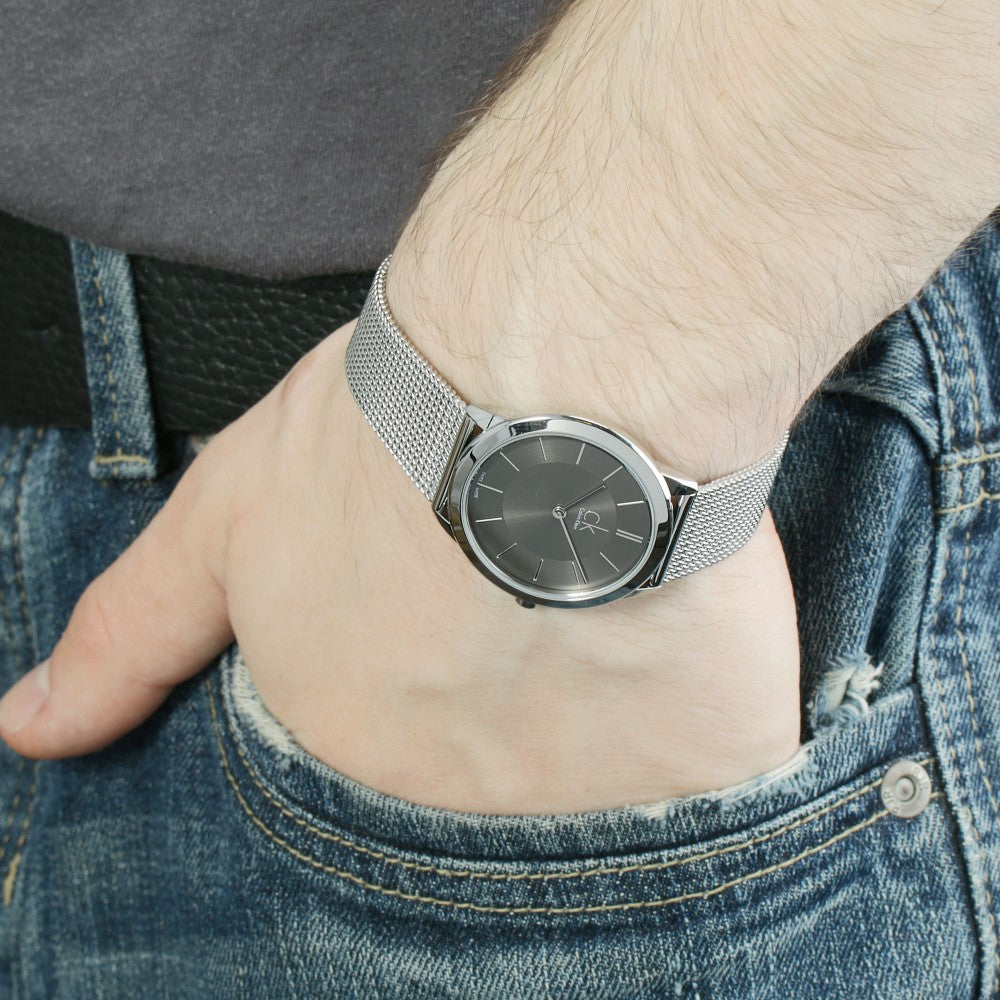  Shop Authentic Calvin Klein Minimal Grey Dial Silver Mesh Bracelet Watch for Men - K3M21124 - Luxxuri