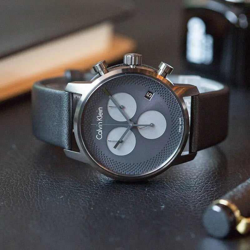  Shop Authentic Calvin Klein City Chronograph Grey Dial Black Leather Strap Watch for Men - K2G177C3 - Luxxuri