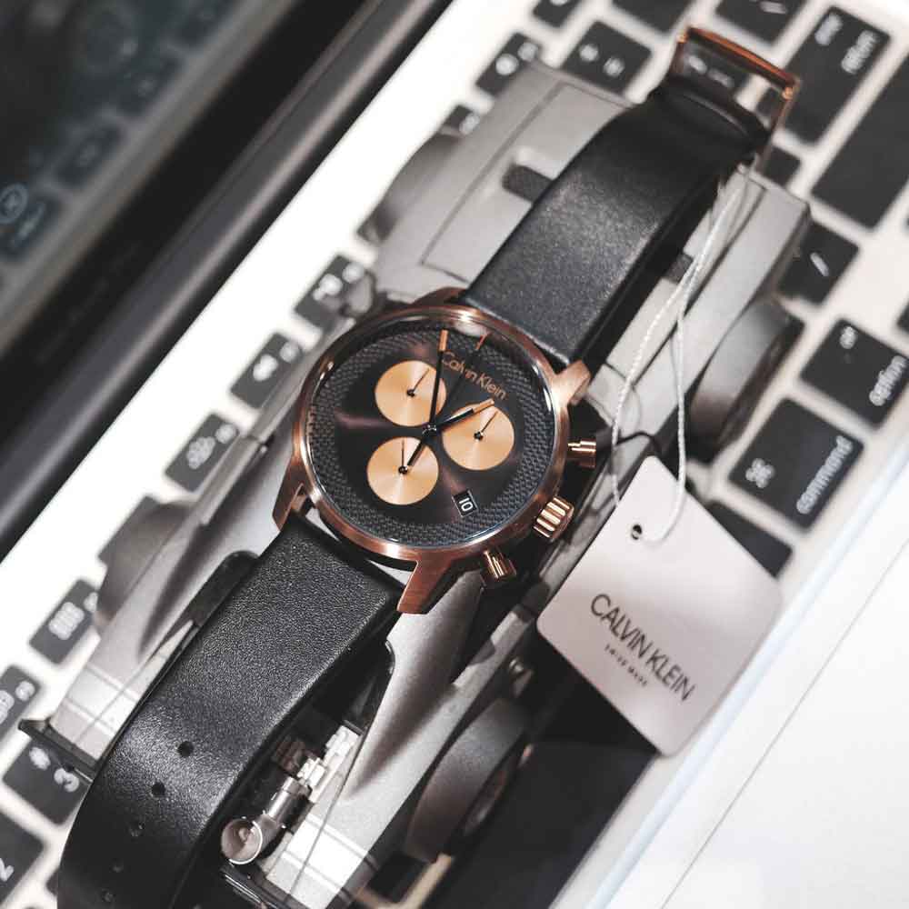  Shop Authentic Calvin Klein City Chronograph Black Dial Black Leather Strap Watch for Men - K2G17TC1 - Luxxuri