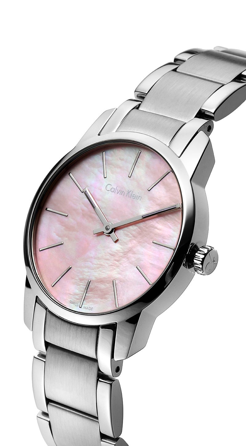  Shop Authentic Calvin Klein City Pink Mother of Pearl Dial Stainless Steel Strap Watch For Women - K2G2314E - Luxxuri