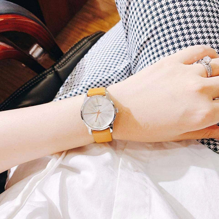  Shop Authentic Calvin Klein City Silver Dial Orange Leather Strap Watch for Women - K2G231G6 - Luxxuri