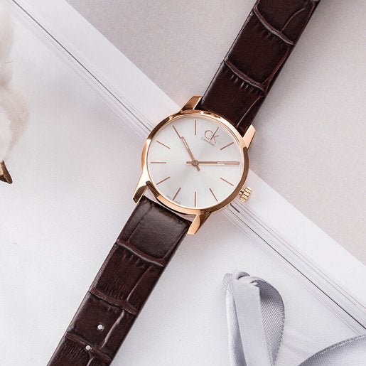  Shop Authentic Calvin Klein City White & Gold Dial Brown Leather Strap Watch For Women - K2G23620 - Luxxuri