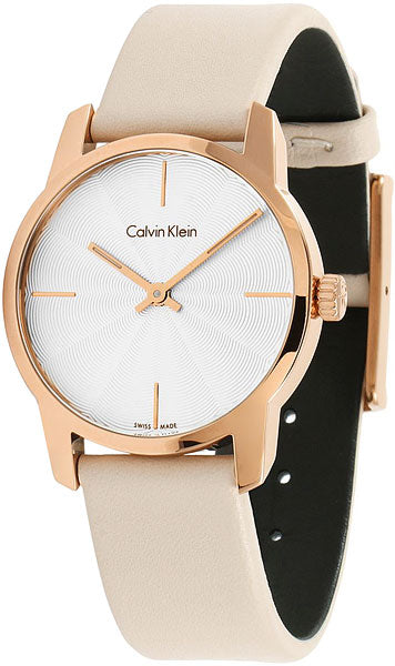  Shop Authentic Calvin Klein City Silver Dial White Leather Strap Watch for Women - K2G236X6 - Luxxuri