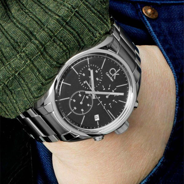  Shop Authentic Calvin Klein Masculine Chronograph Black Dial Silver Steel Strap Watch for Men - K2H27104 - Luxxuri