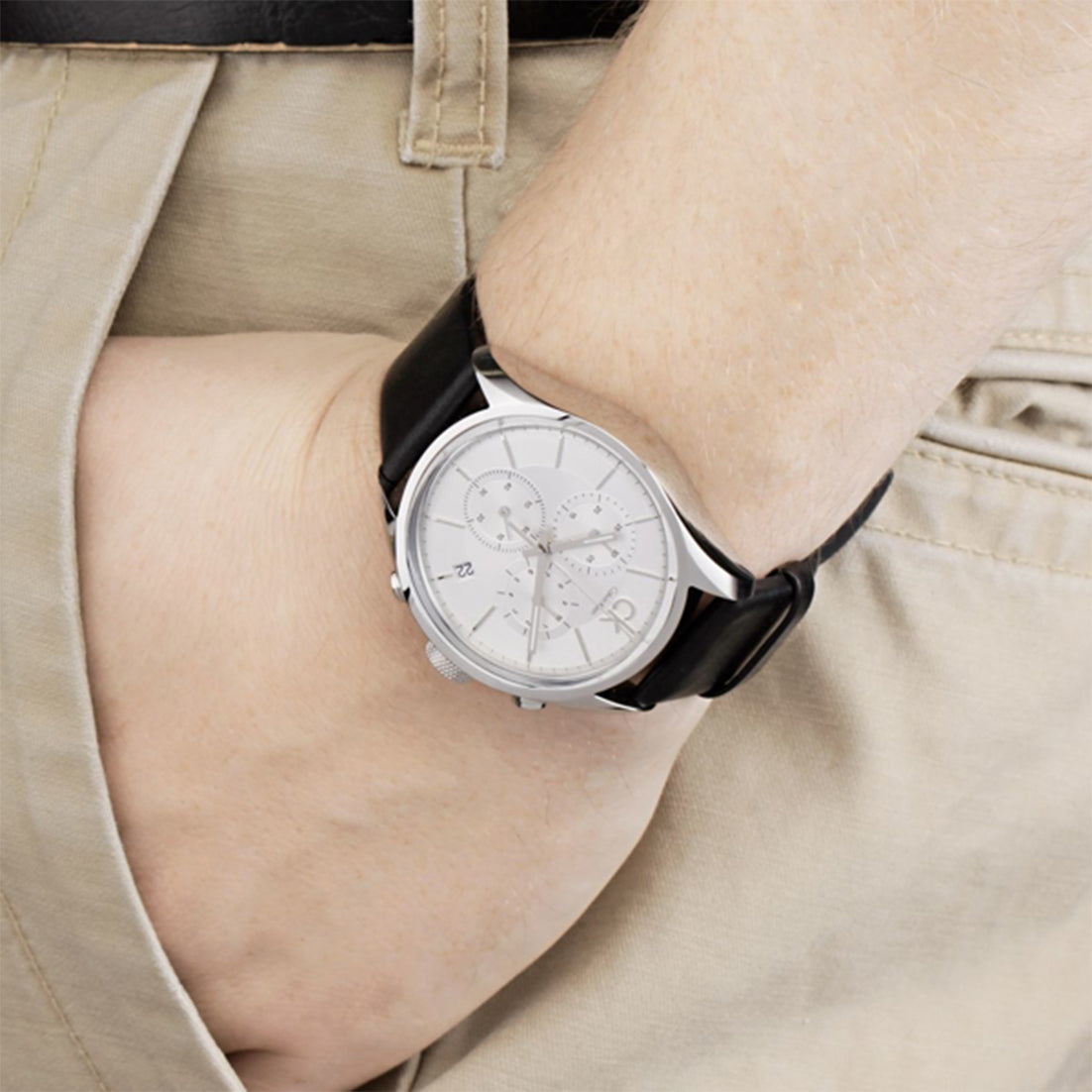  Shop Authentic Calvin Klein Masculine Chronograph White Dial Black Leather Strap Watch for Men - K2H27120 - Luxxuri