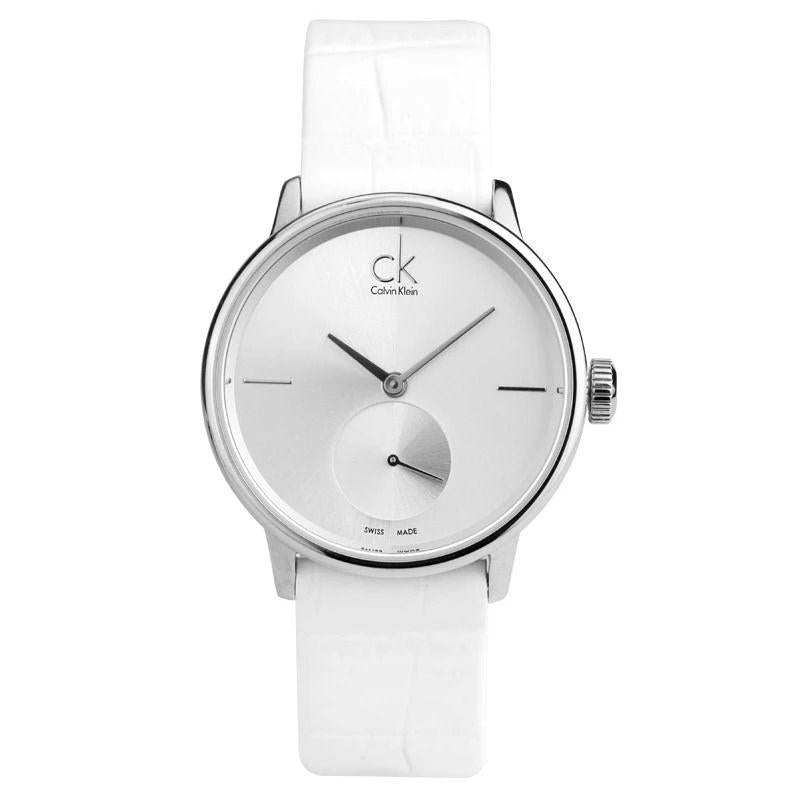  Shop Authentic Calvin Klein Accent Silver Dial White Leather Strap Watch for Women - K2Y231K6 - Luxxuri
