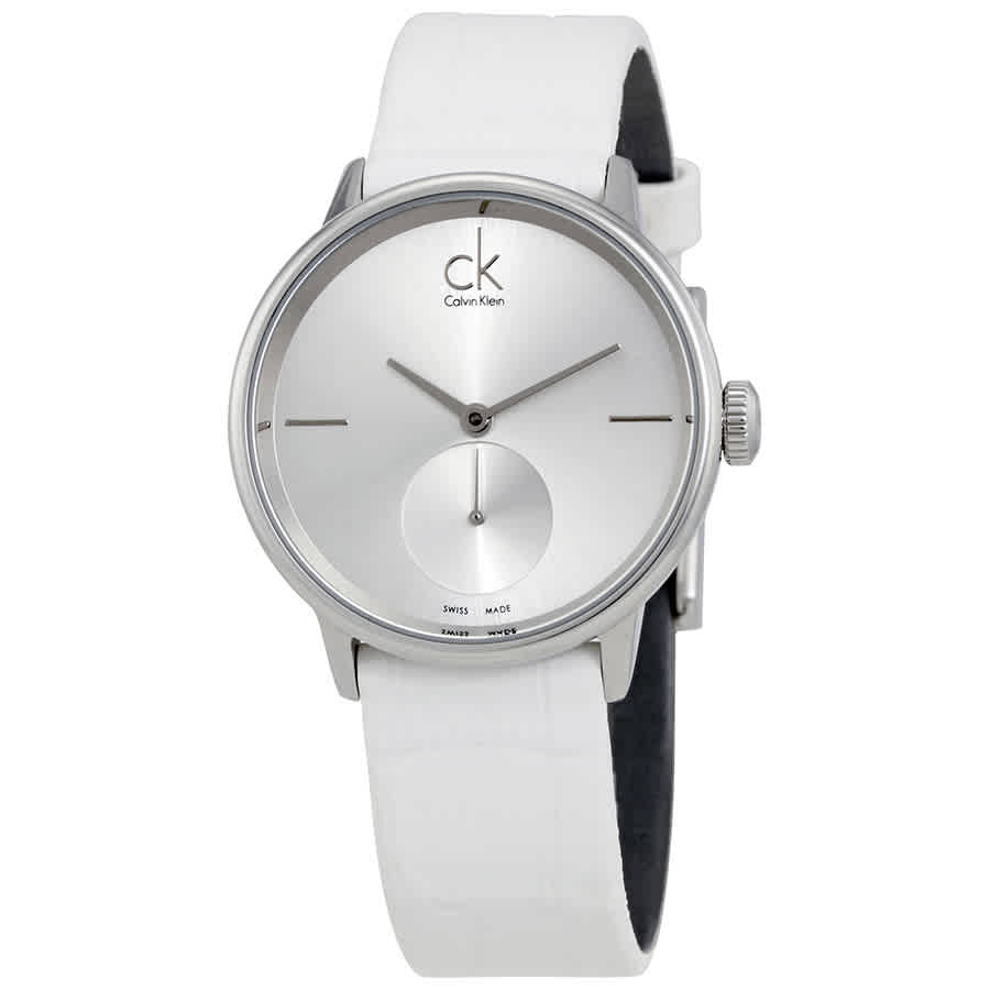  Shop Authentic Calvin Klein Accent Silver Dial White Leather Strap Watch for Women - K2Y231K6 - Luxxuri