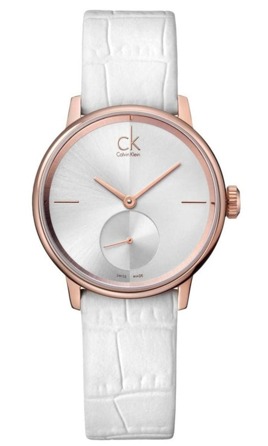  Shop Authentic Calvin Klein Accent Silver Dial White Leather Strap Watch for Women - K2Y236K6 - Luxxuri
